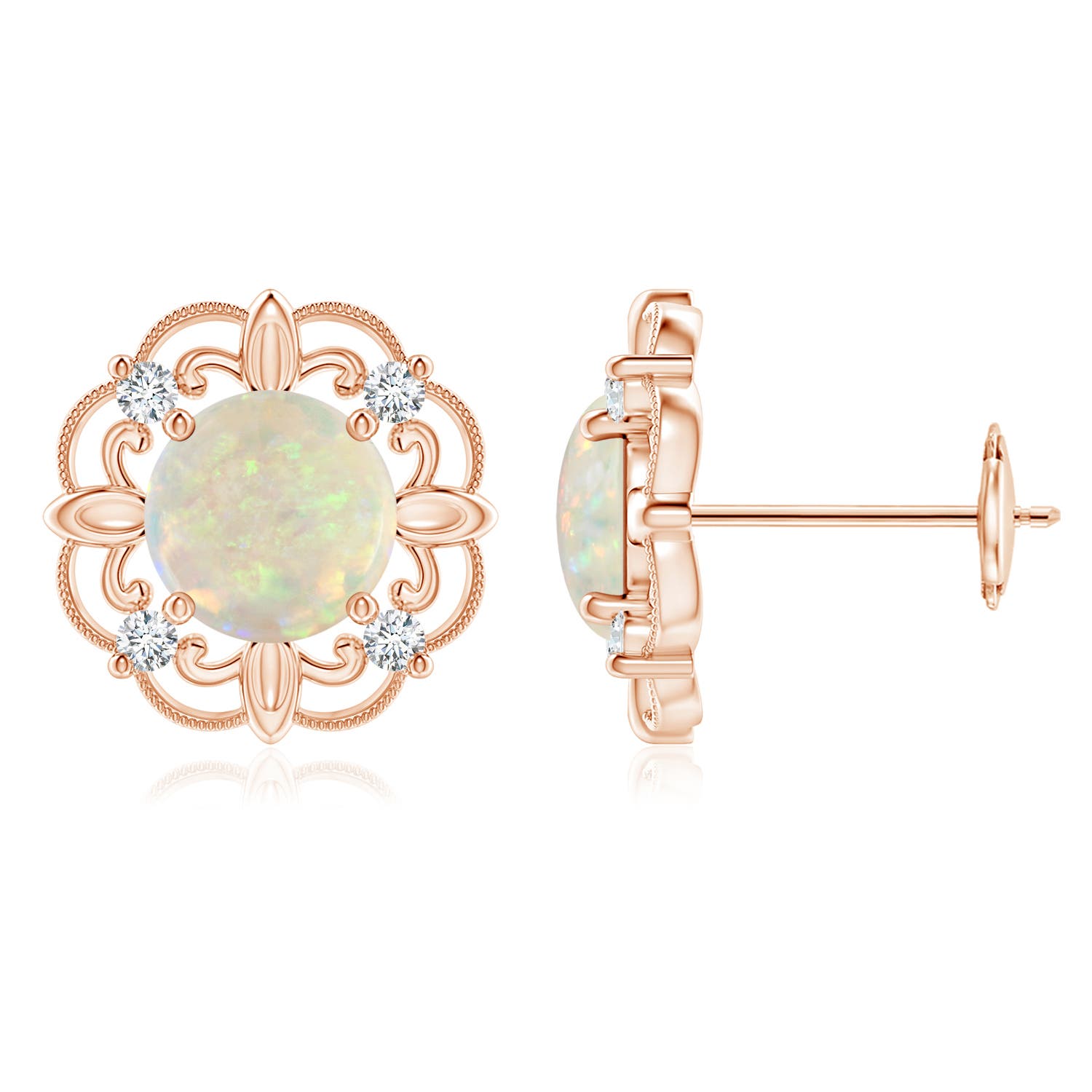 6mm AAA Vintage Style Opal and Diamond Fleur De Lis Earrings in 18CT Rose Gold