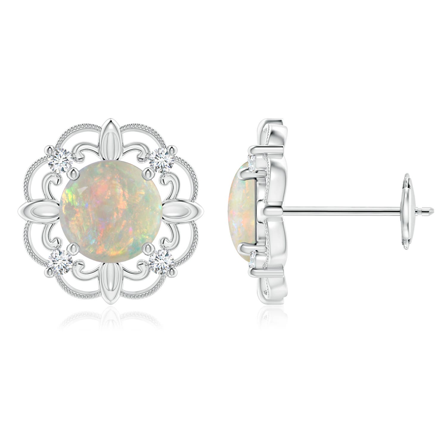 6mm AAAA Vintage Style Opal and Diamond Fleur De Lis Earrings in 18K White Gold