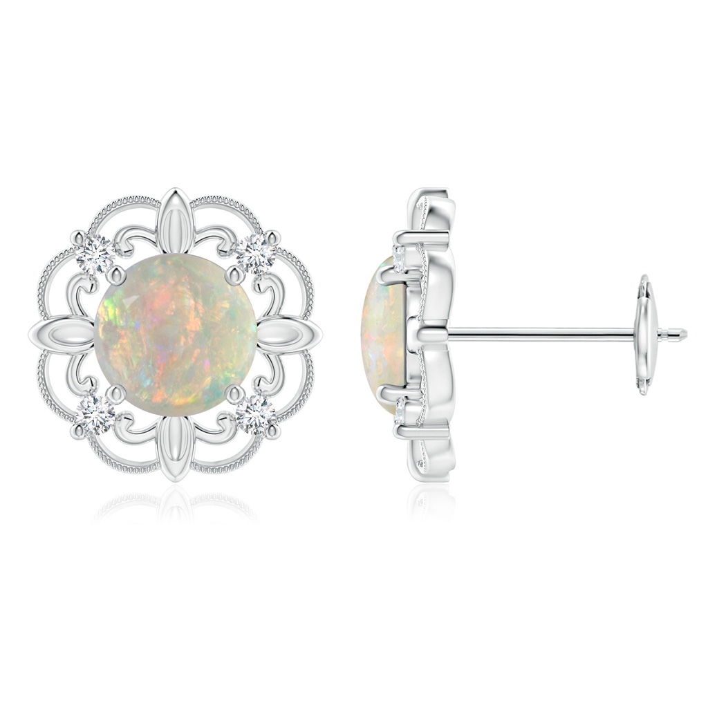 6mm AAAA Vintage Style Opal and Diamond Fleur De Lis Earrings in White Gold