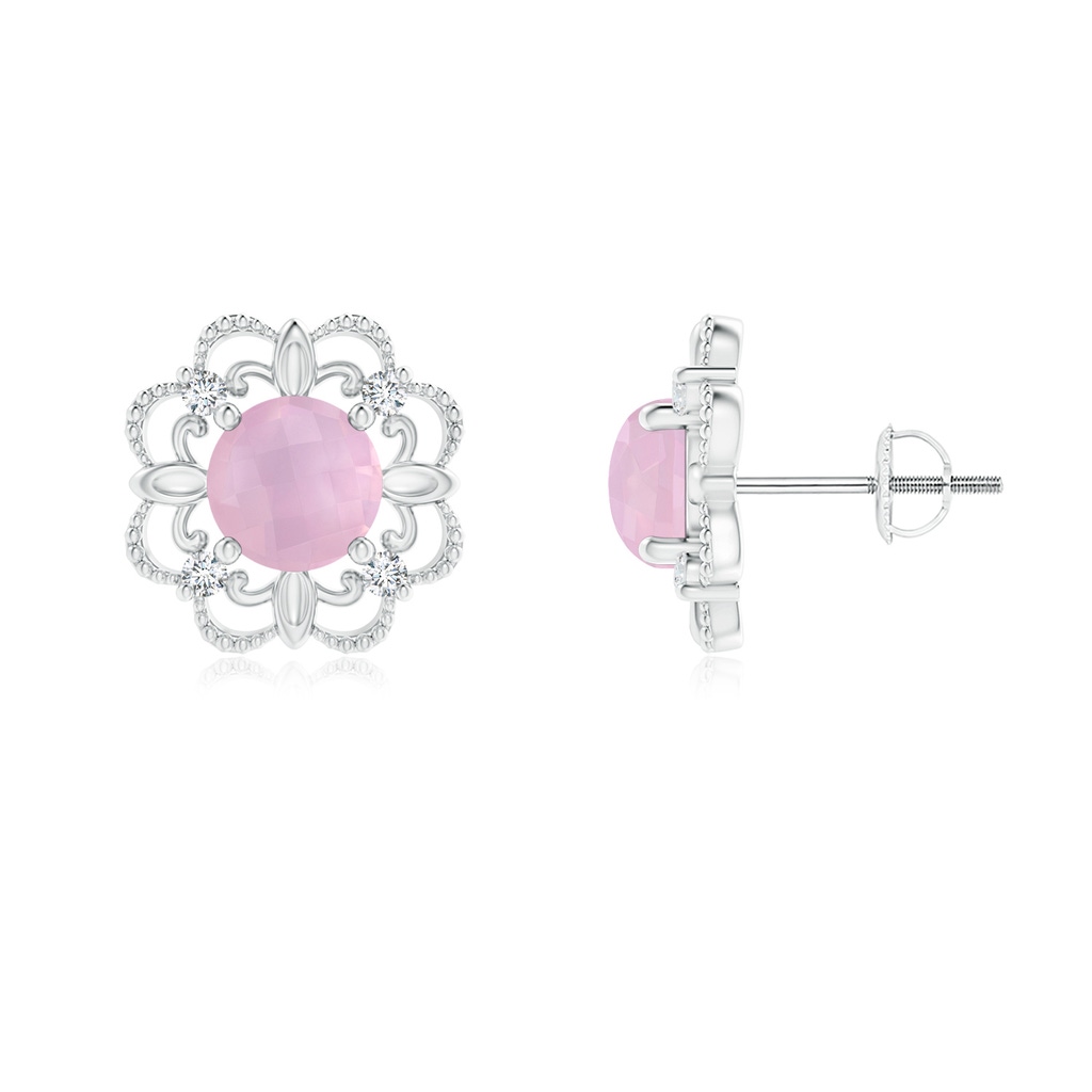 5mm AAAA Vintage Style Rose Quartz and Diamond Fleur De Lis Earrings in P950 Platinum