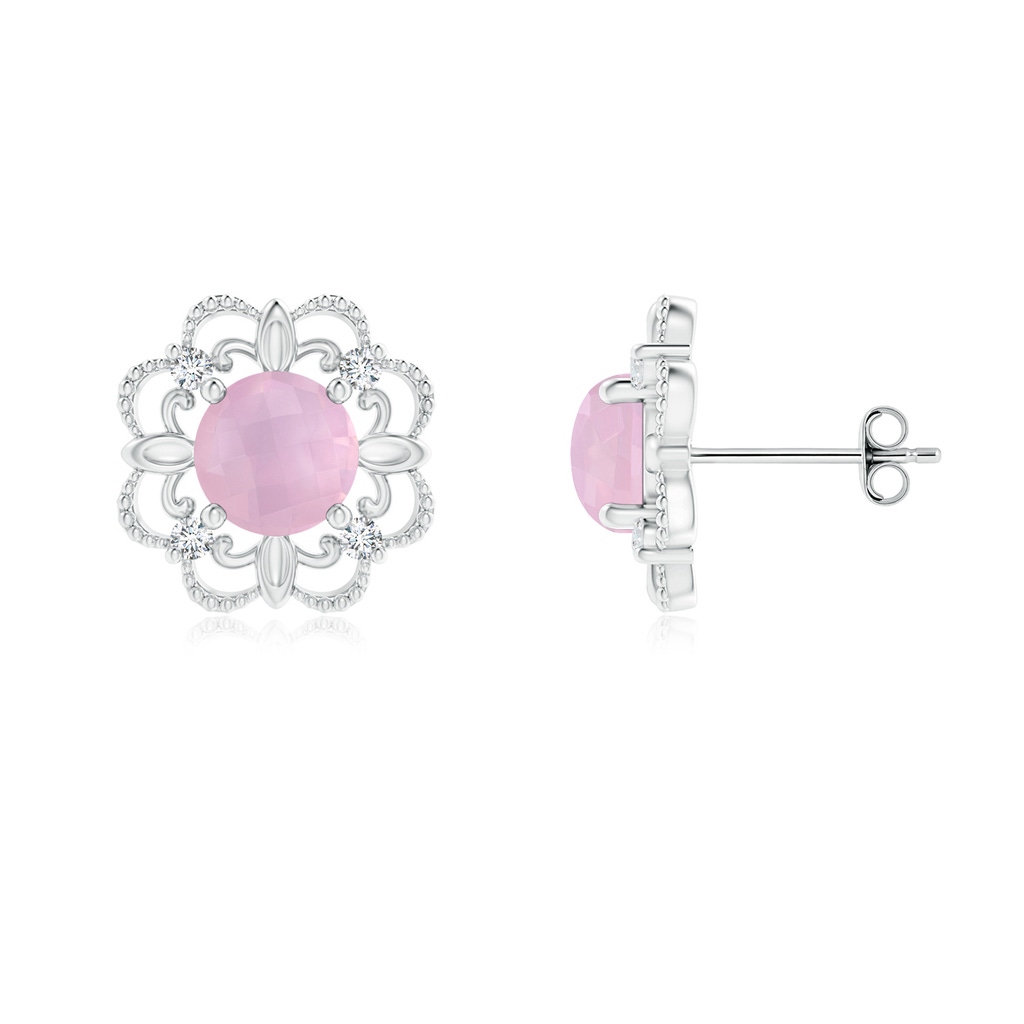 5mm AAAA Vintage Style Rose Quartz and Diamond Fleur De Lis Earrings in S999 Silver