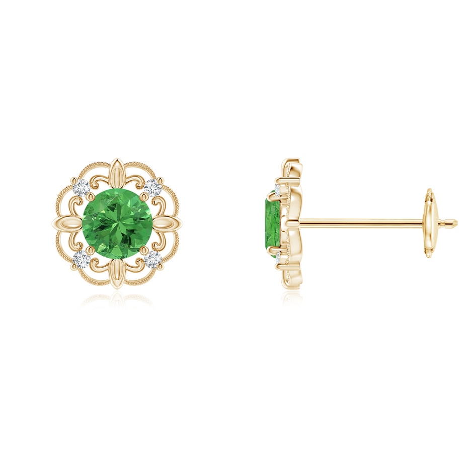 4mm AAA Vintage Style Tsavorite and Diamond Fleur De Lis Earrings in Yellow Gold 