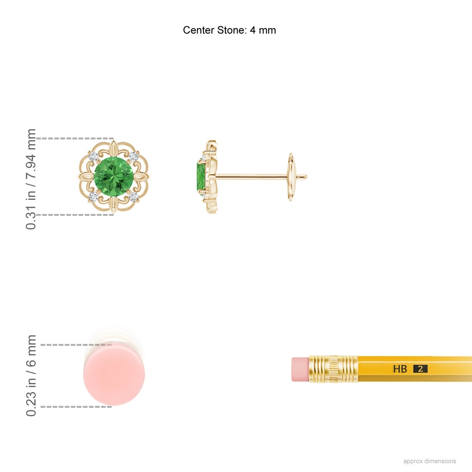 4mm AAA Vintage Style Tsavorite and Diamond Fleur De Lis Earrings in Yellow Gold ruler