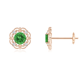 4mm AAAA Vintage Style Tsavorite and Diamond Fleur De Lis Earrings in 9K Rose Gold