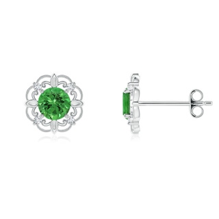 4mm AAAA Vintage Style Tsavorite and Diamond Fleur De Lis Earrings in S999 Silver