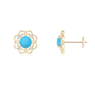 4mm AAA Vintage Style Turquoise and Diamond Fleur De Lis Earrings in Yellow Gold