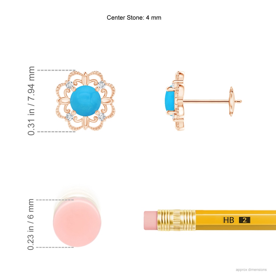 4mm AAAA Vintage Style Turquoise and Diamond Fleur De Lis Earrings in Rose Gold ruler