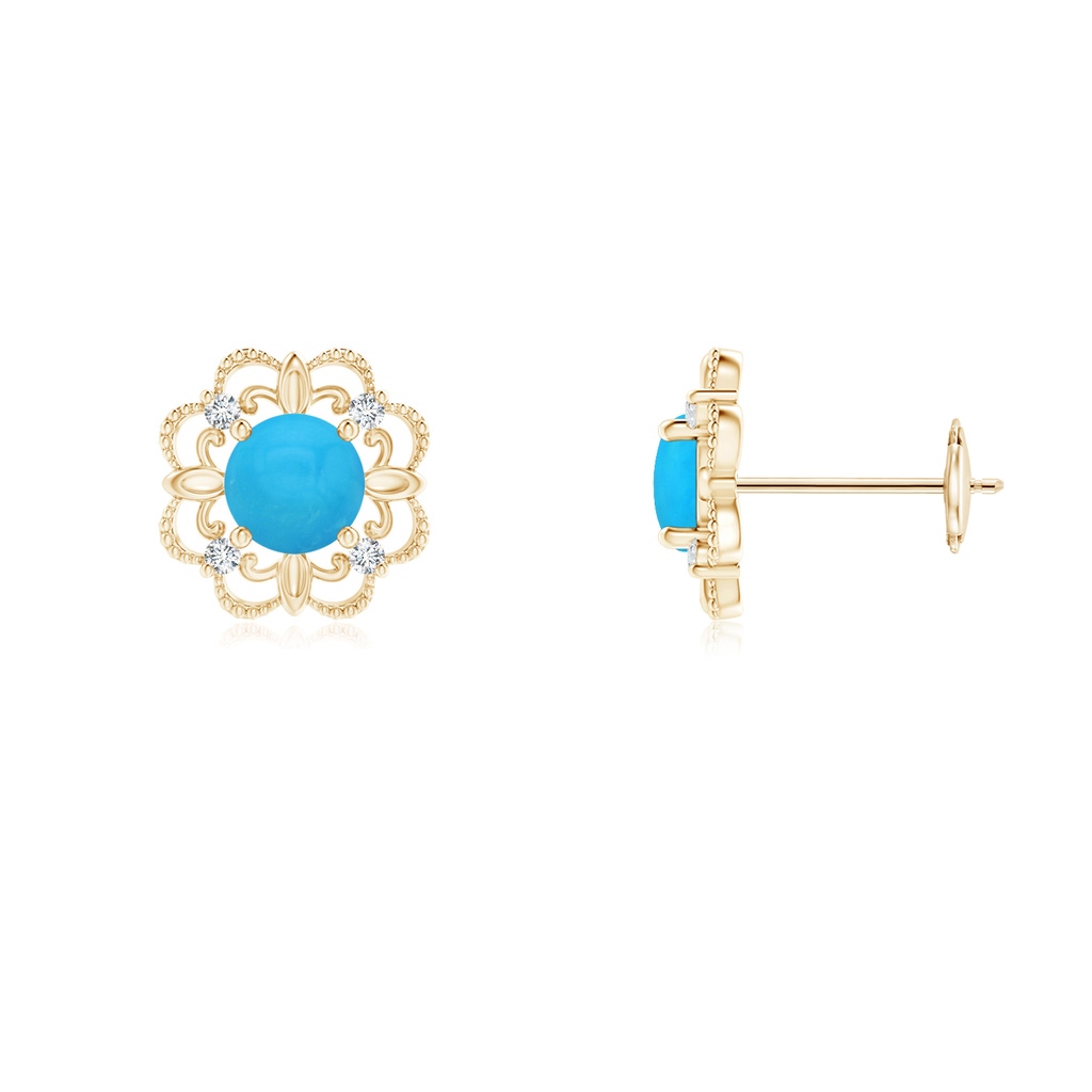 4mm AAAA Vintage Style Turquoise and Diamond Fleur De Lis Earrings in Yellow Gold