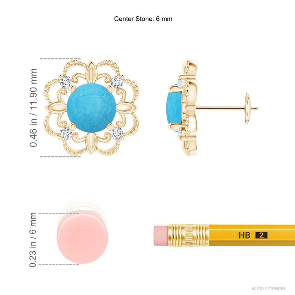 6mm A Vintage Style Turquoise and Diamond Fleur De Lis Earrings in Yellow Gold ruler