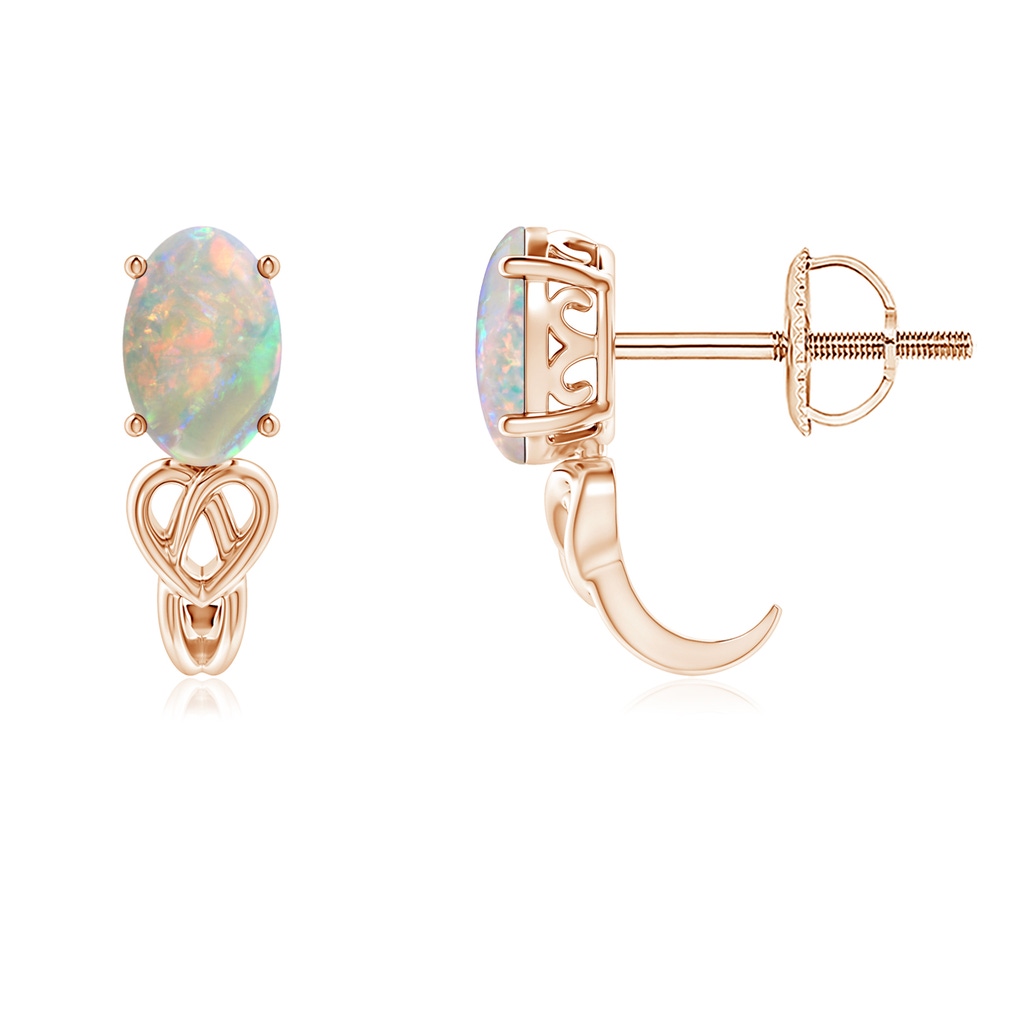 6x4mm AAAA Solitaire Oval Opal Celtic Knot J-Hoop Earrings in Rose Gold