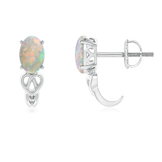 6x4mm AAAA Solitaire Oval Opal Celtic Knot J-Hoop Earrings in White Gold