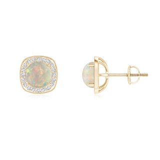 6mm AAAA Milgrain-Edged Round Opal and Diamond Halo Earrings in Yellow Gold