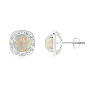 7mm AAAA Milgrain-Edged Round Opal and Diamond Halo Earrings in White Gold