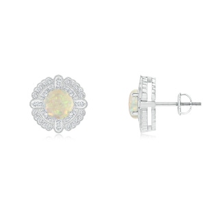 6mm AAA Round Opal Compass Earrings with Diamond Double Halo in 9K White Gold