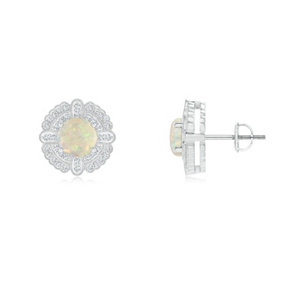 6mm AAA Round Opal Compass Earrings with Diamond Double Halo in White Gold