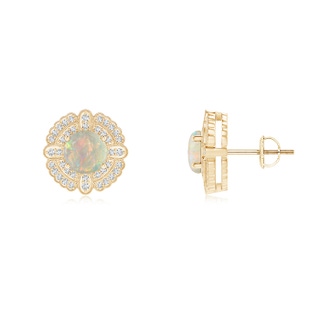 6mm AAAA Round Opal Compass Earrings with Diamond Double Halo in Yellow Gold