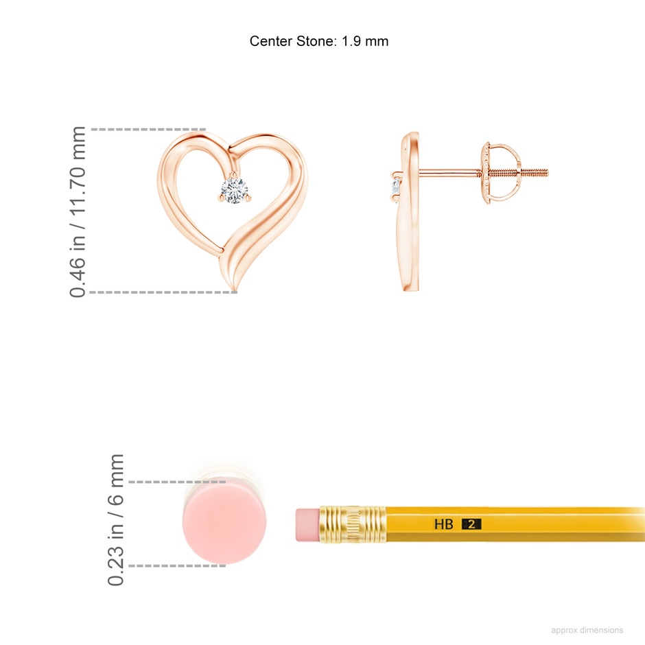 1.9mm GVS2 Prong-Set Round Diamond Open Heart Stud Earrings in 18K Rose Gold ruler