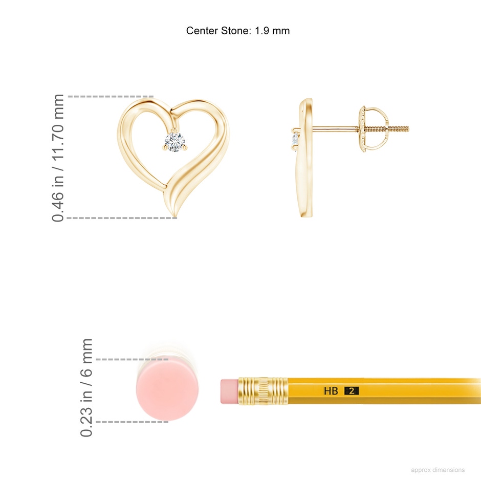 1.9mm GVS2 Prong-Set Round Diamond Open Heart Stud Earrings in Yellow Gold ruler