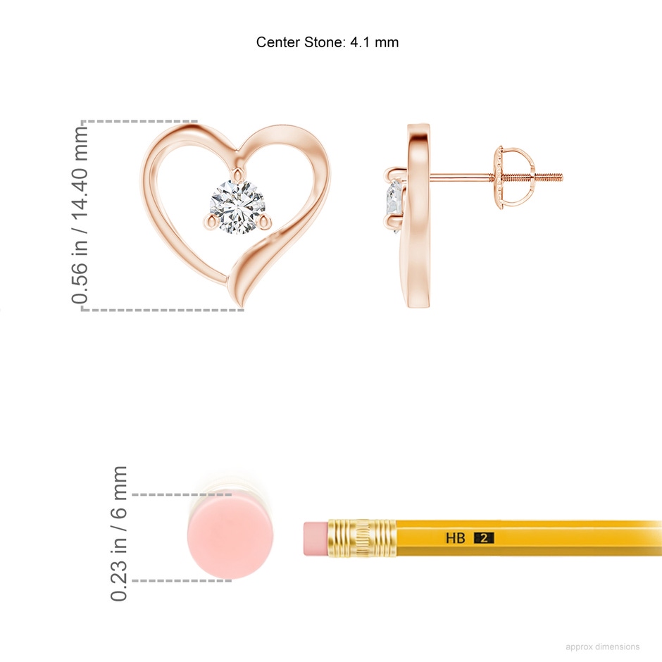 4.1mm HSI2 Prong-Set Round Diamond Open Heart Stud Earrings in Rose Gold ruler