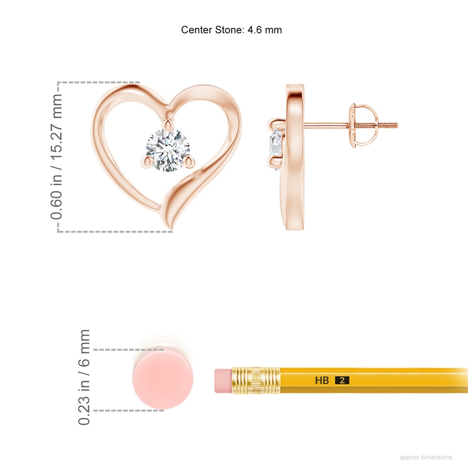 4.6mm GVS2 Prong-Set Round Diamond Open Heart Stud Earrings in 18K Rose Gold ruler