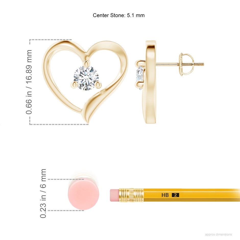 5.1mm GVS2 Prong-Set Round Diamond Open Heart Stud Earrings in Yellow Gold ruler