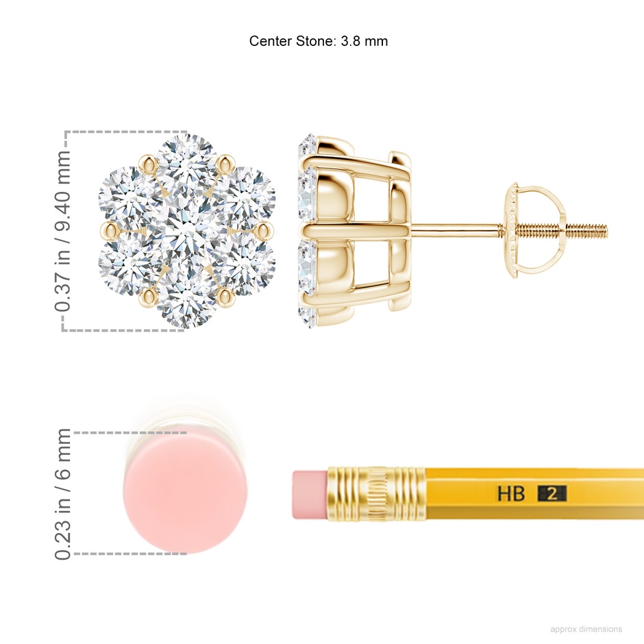 3.8mm GVS2 Pressure-Set Diamond Cluster Stud Earrings in Yellow Gold ruler