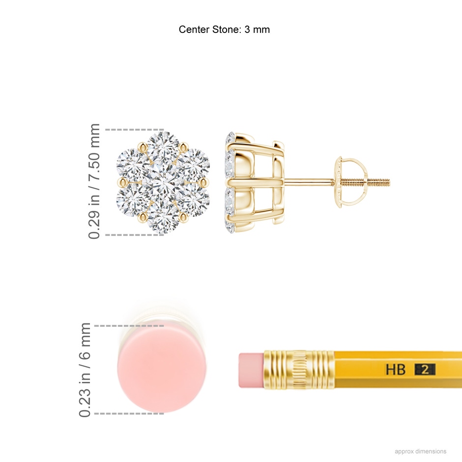 3mm HSI2 Pressure-Set Diamond Clustre Stud Earrings in Yellow Gold ruler