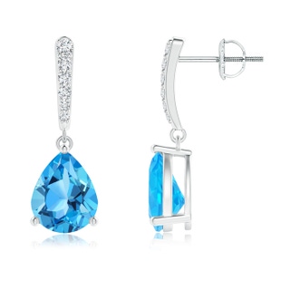 10x8mm AAA Solitaire Swiss Blue Topaz Drop Earrings with Diamonds in White Gold