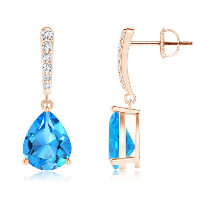 10x8mm AAAA Solitaire Swiss Blue Topaz Drop Earrings with Diamonds in Rose Gold