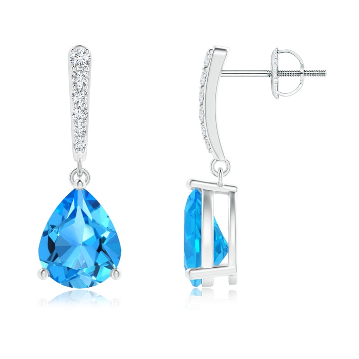 10x8mm AAAA Solitaire Swiss Blue Topaz Drop Earrings with Diamonds in White Gold 