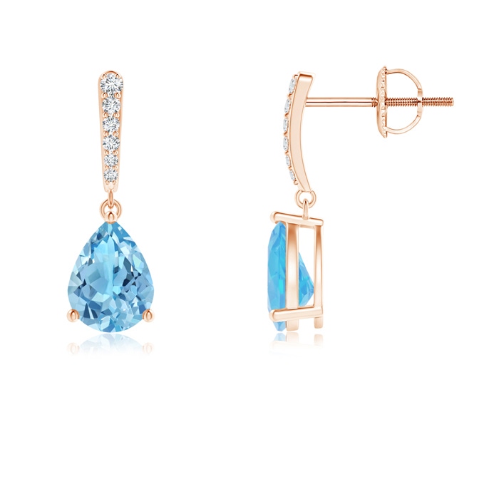 8x6mm A Solitaire Swiss Blue Topaz Drop Earrings with Diamonds in Rose Gold 