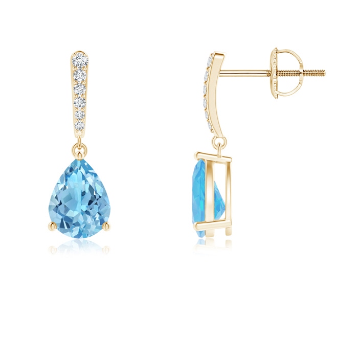 8x6mm A Solitaire Swiss Blue Topaz Drop Earrings with Diamonds in Yellow Gold 