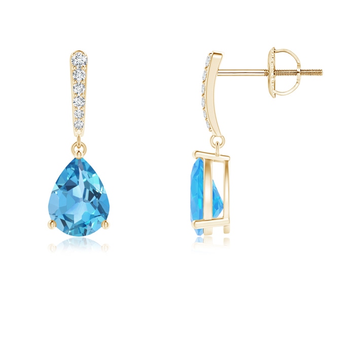 8x6mm AA Solitaire Swiss Blue Topaz Drop Earrings with Diamonds in Yellow Gold 
