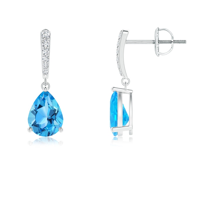 8x6mm AAA Solitaire Swiss Blue Topaz Drop Earrings with Diamonds in White Gold