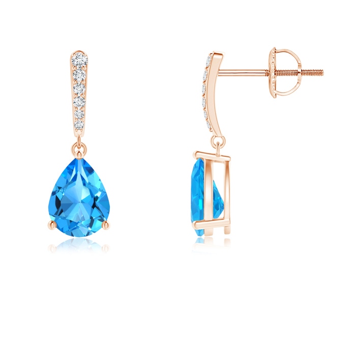 8x6mm AAAA Solitaire Swiss Blue Topaz Drop Earrings with Diamonds in Rose Gold 