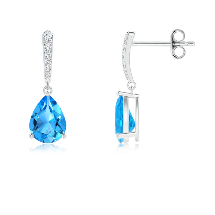 8x6mm AAAA Solitaire Swiss Blue Topaz Drop Earrings with Diamonds in S999 Silver 