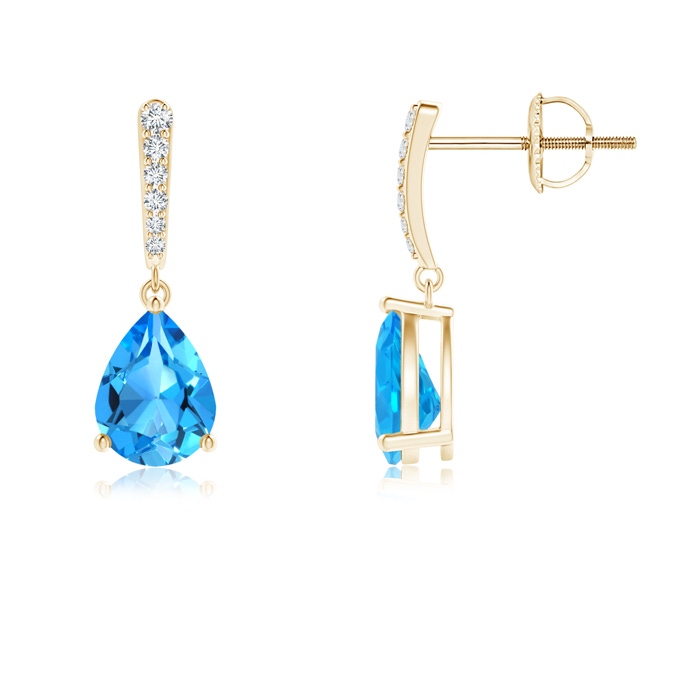 8x6mm AAAA Solitaire Swiss Blue Topaz Drop Earrings with Diamonds in Yellow Gold 