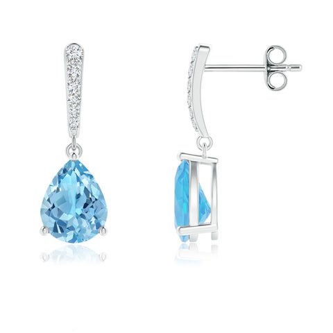 9x7mm A Solitaire Swiss Blue Topaz Drop Earrings with Diamonds in S999 Silver