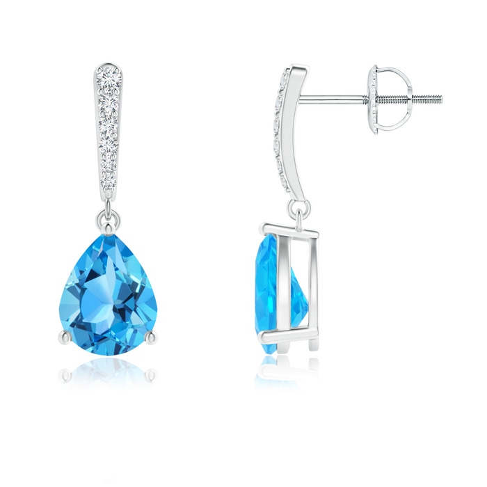 9x7mm AAA Solitaire Swiss Blue Topaz Drop Earrings with Diamonds in White Gold 