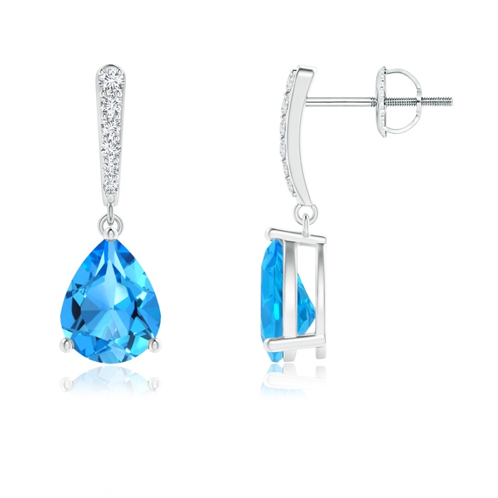 9x7mm AAAA Solitaire Swiss Blue Topaz Drop Earrings with Diamonds in P950 Platinum 