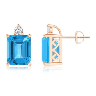 10x8mm AAA Emerald-Cut Swiss Blue Topaz Cocktail Stud Earrings in Rose Gold