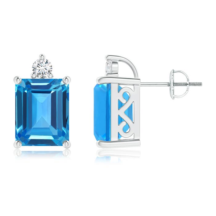 10x8mm AAAA Emerald-Cut Swiss Blue Topaz Cocktail Stud Earrings in P950 Platinum