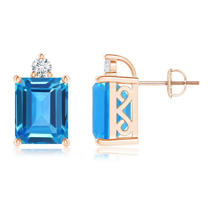 10x8mm AAAA Emerald-Cut Swiss Blue Topaz Cocktail Stud Earrings in Rose Gold