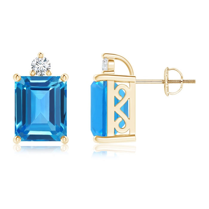 10x8mm AAAA Emerald-Cut Swiss Blue Topaz Cocktail Stud Earrings in Yellow Gold