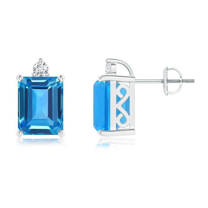 9x7mm AAAA Emerald-Cut Swiss Blue Topaz Cocktail Stud Earrings in P950 Platinum