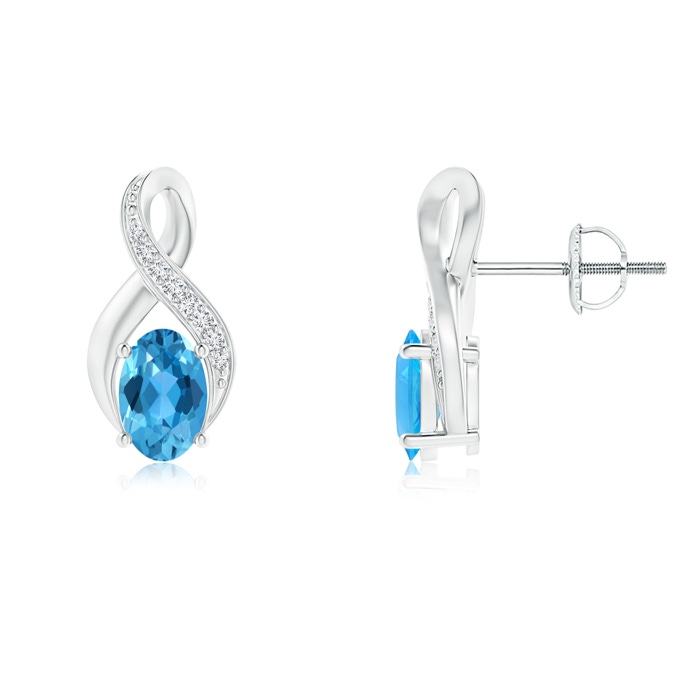6x4mm AAA Oval Swiss Blue Topaz Infinity Earrings with Diamonds in White Gold 