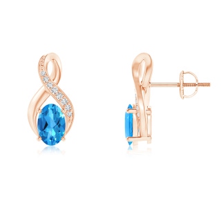 6x4mm AAAA Oval Swiss Blue Topaz Infinity Earrings with Diamonds in 10K Rose Gold