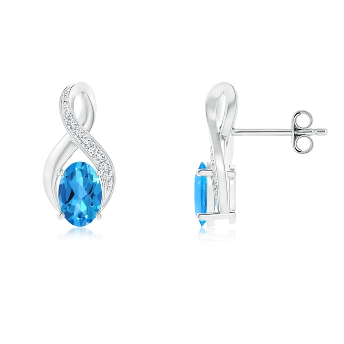 6x4mm AAAA Oval Swiss Blue Topaz Infinity Earrings with Diamonds in S999 Silver