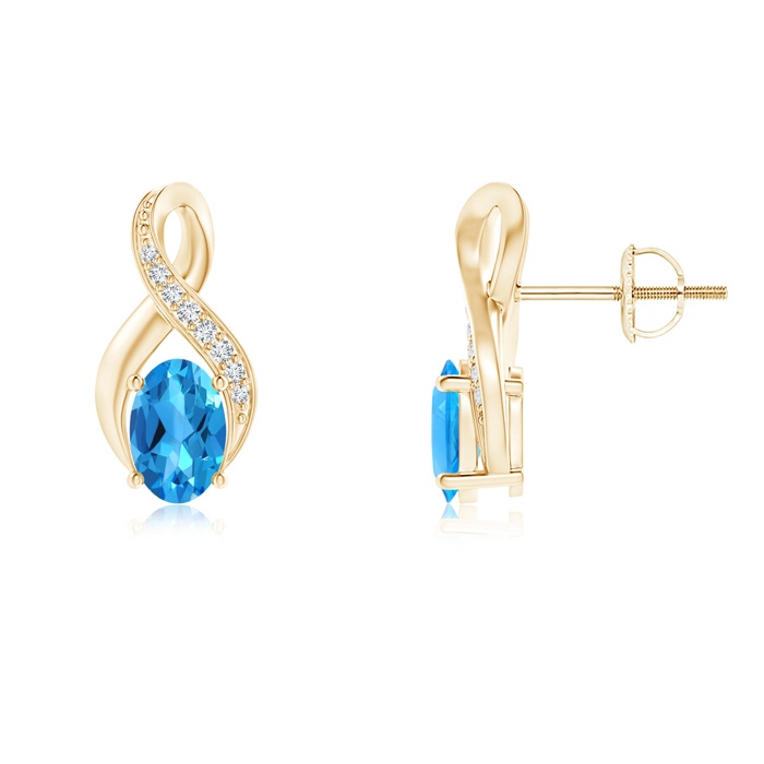 6x4mm AAAA Oval Swiss Blue Topaz Infinity Earrings with Diamonds in Yellow Gold