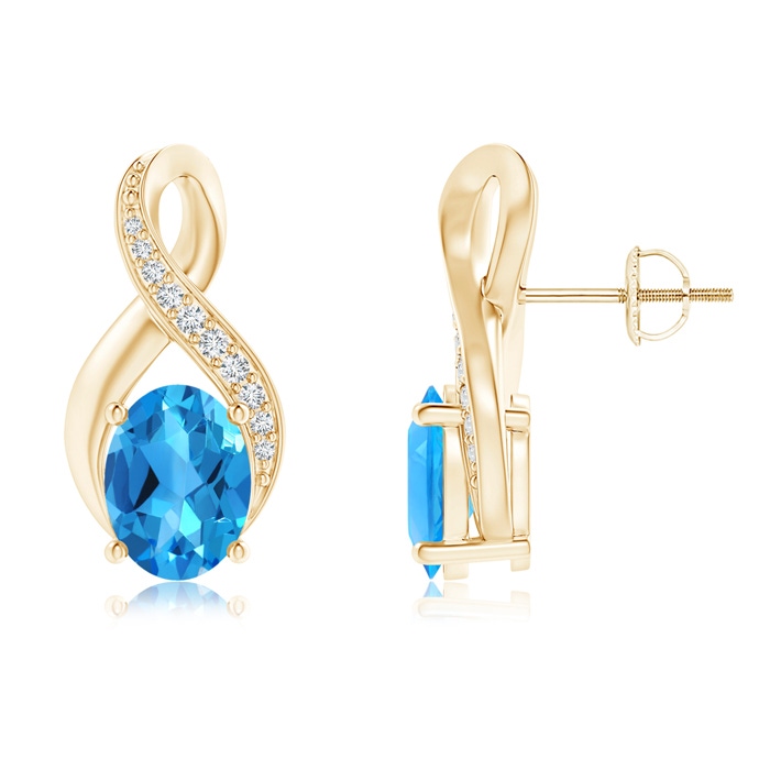 8x6mm AAAA Oval Swiss Blue Topaz Infinity Earrings with Diamonds in 10K Yellow Gold